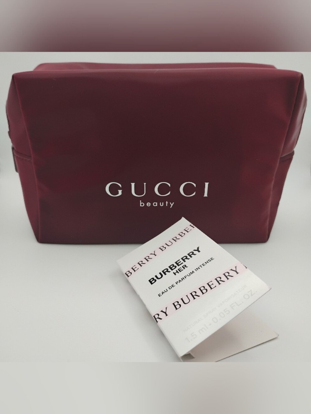 Gucci Burgundy Cosmetic Pouch Brand New & A Burberry Her Sample 1.5ML